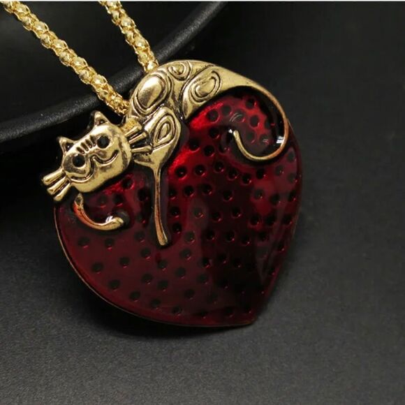 Red Crystal Heart Cat Kitten Pendant Chain Necklace NWOT - Picture 3 of 3